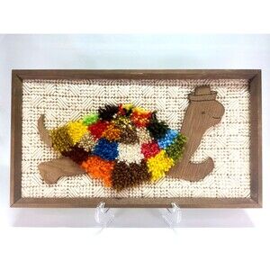 Latch Hook Crewel Turtle Framed  Artwork Wood Cut Out 1970s  Handmade 11" X 20"
